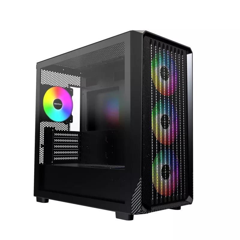Montech X5M (B) Micro Tower PC korpusas — Micro‑ATX/Mini‑ITX, 3x120mm priekyje, 1x120mm gale, palaiko ATX PSU, 2x3.5 colio + 4x2.5 colio, juoda