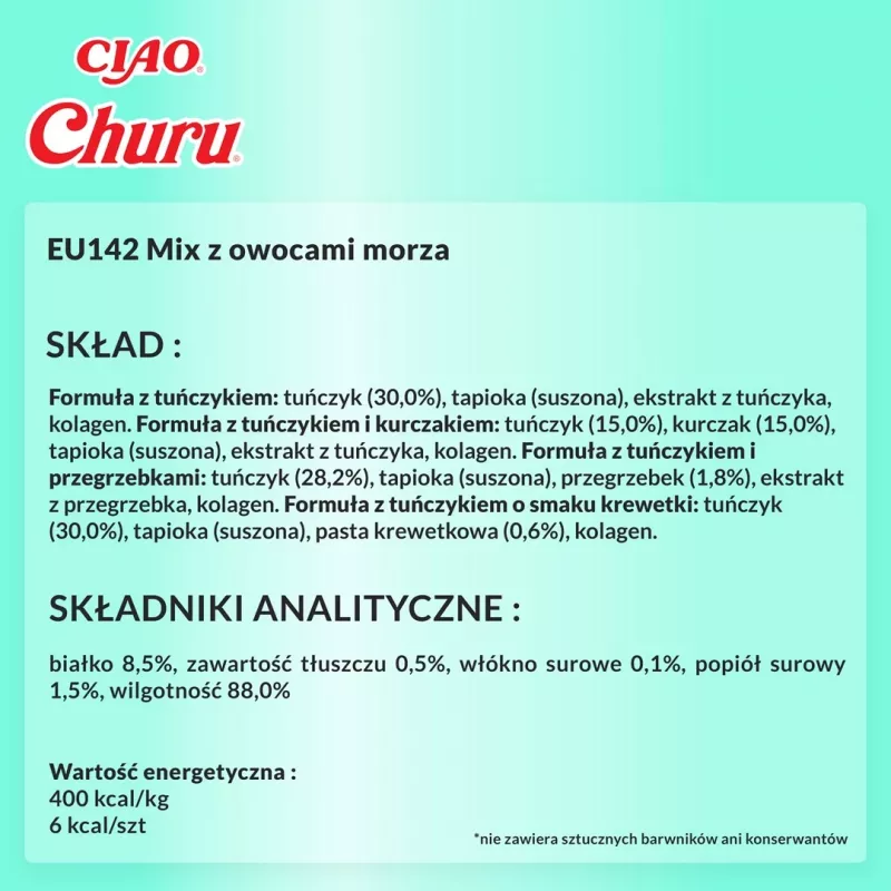 Drėgnos katės skanėstai INABA Churu įvairovės dėžutė Tunas su jūros gėrybėmis — 40 x 14 g pastos paketėlių, be grūdų, be cukraus