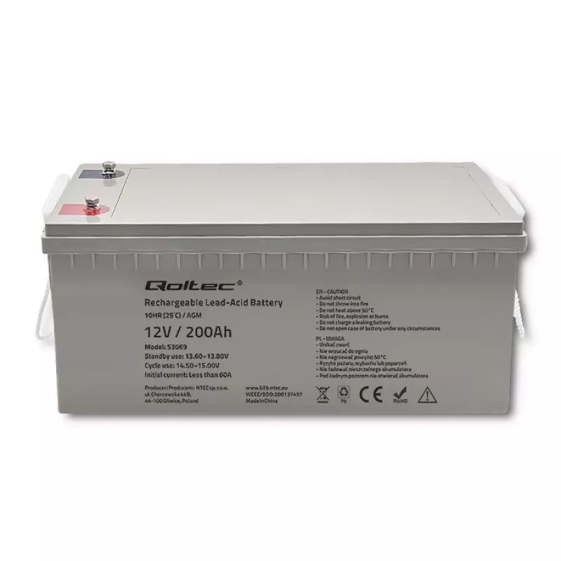 Įkraunama AGM baterija QOLTEC 53069 12V 200Ah atsarginiam maitinimui ir UPS sistemoms