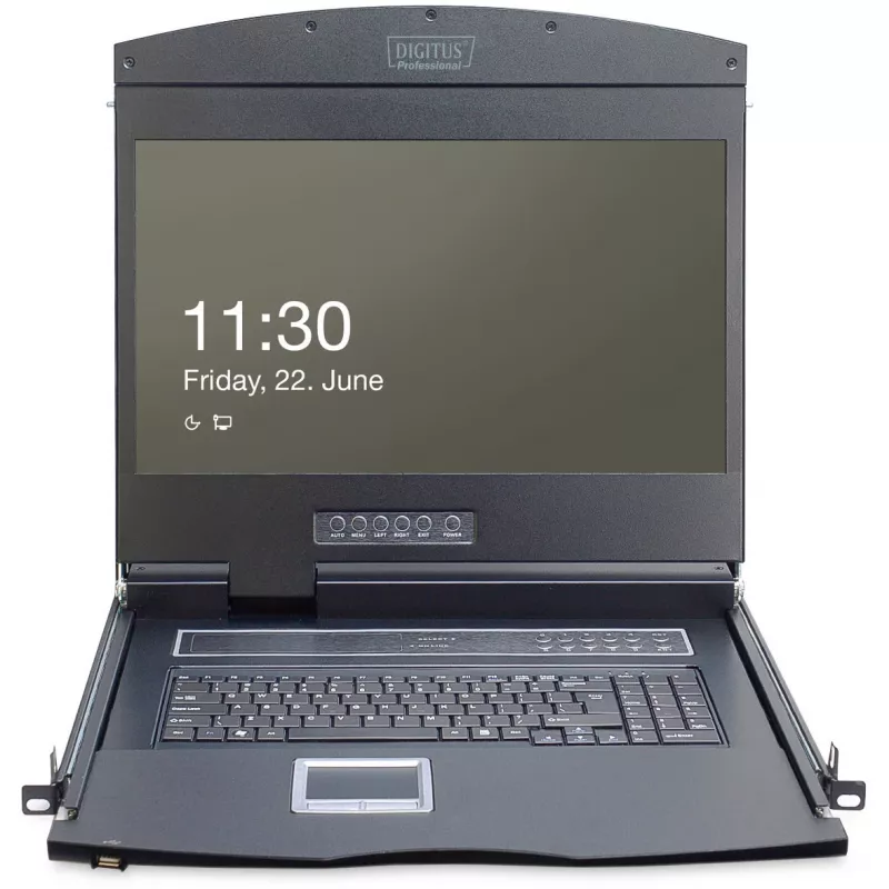 19 colių LCD KVM konsolė DIGITUS DS-72211-5US, 16 prievadų Cat 5, 1366x768, JAV tarptautinė klaviatūra