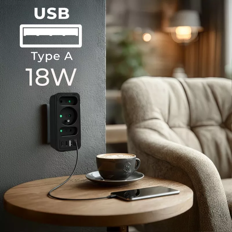 Maitinimo skirstytuvas MACLEAN MCE248 F/B — 3 kintamosios srovės lizdai (1x16A, 2x6A) ir 4 USB prievadai (2xUSB‑A, 2xUSB‑C PD 20W), ES kištukas, juodas