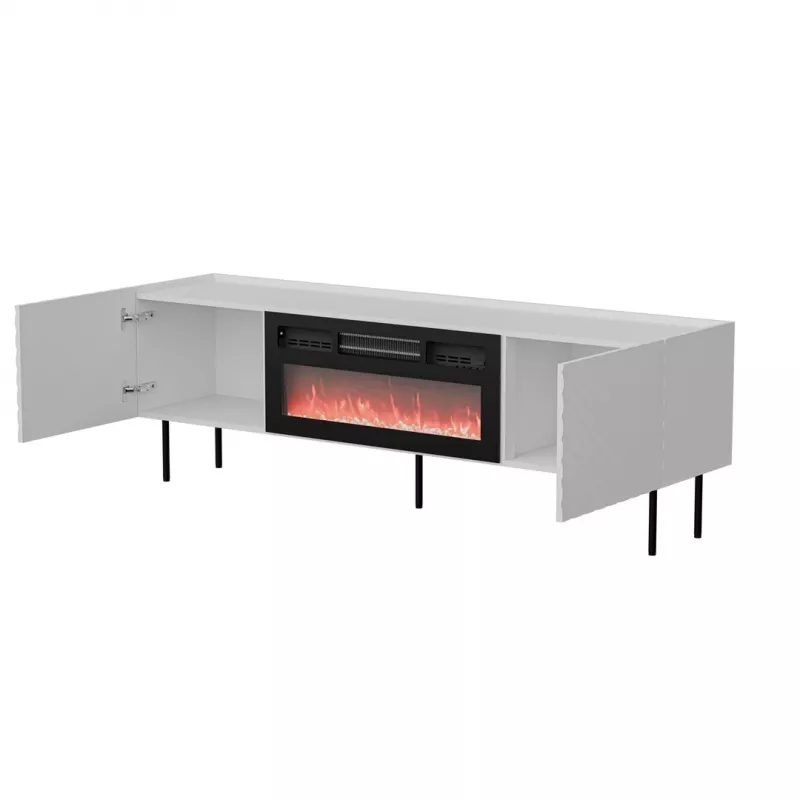 TV spintelė cama meble LUCCA 180x40x59 cm, baltas viršus ir rėmas, juodas elektrinis židinys