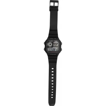 Skaitmeninis laikrodis CASIO AE-1200WH-1AVEF — pasaulinis laikas, LED šviesa, chronometras, žadintuvas, atsparus vandeniui