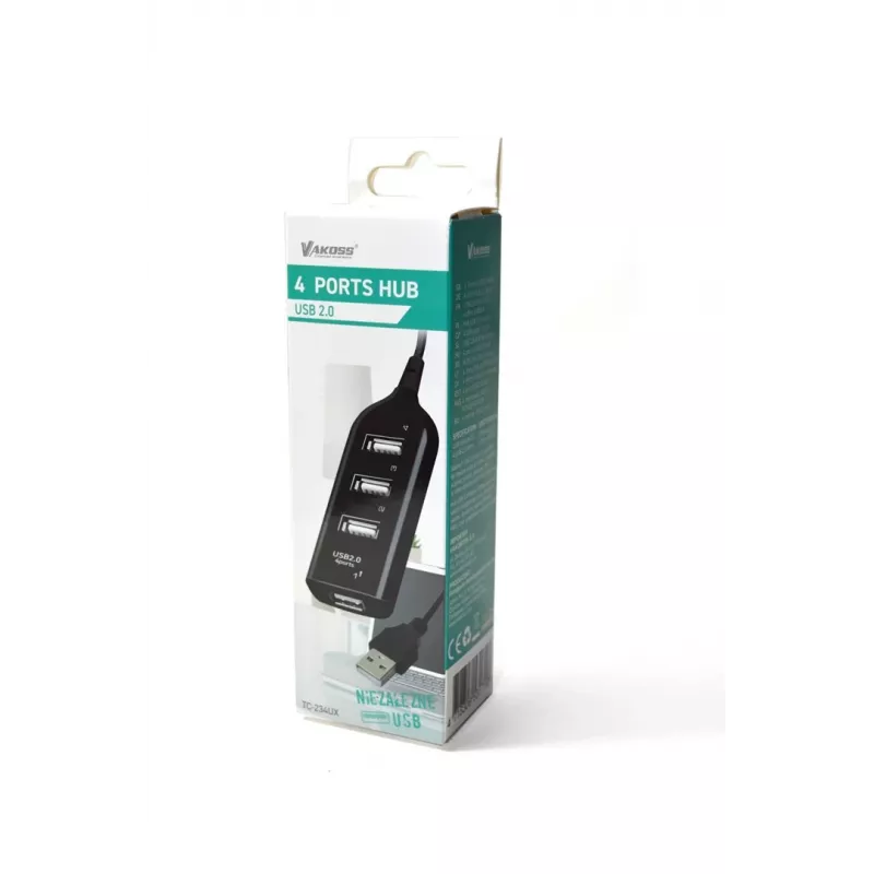 VAKOSS USB šakotuvas TC-234UX — 4 prievadų USB 2.0 šakotuvas, nuolatinės srovės maitinimas (5 V, 1 A), juodas