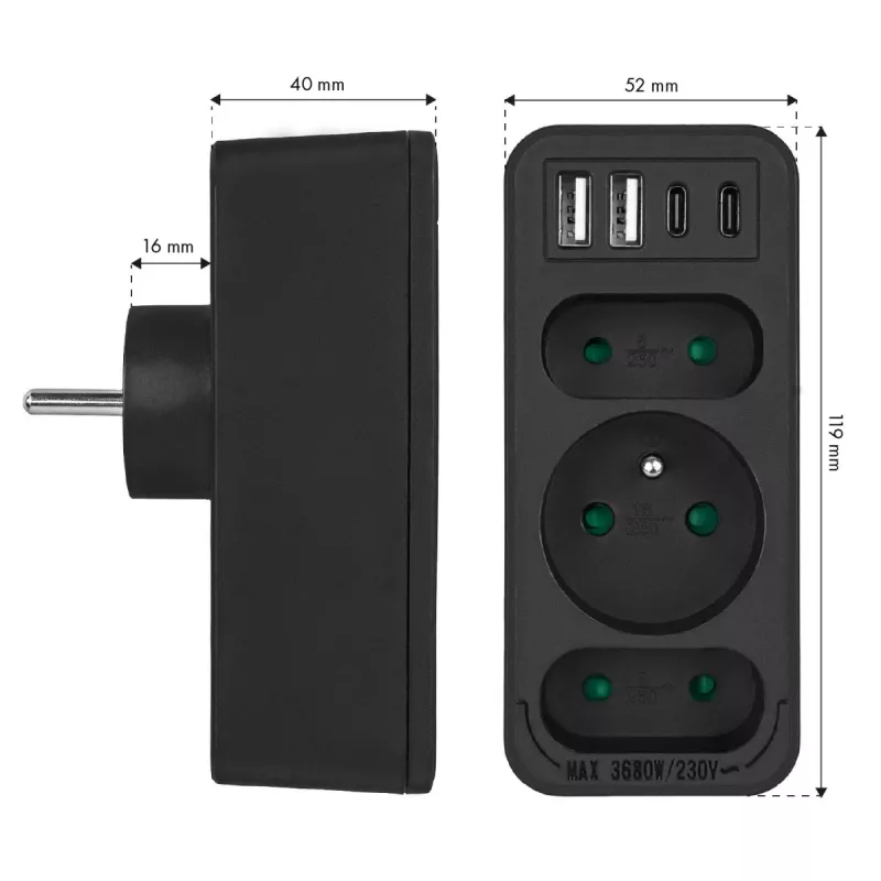 Maitinimo skirstytuvas MACLEAN MCE248 F/B — 3 kintamosios srovės lizdai (1x16A, 2x6A) ir 4 USB prievadai (2xUSB‑A, 2xUSB‑C PD 20W), ES kištukas, juodas
