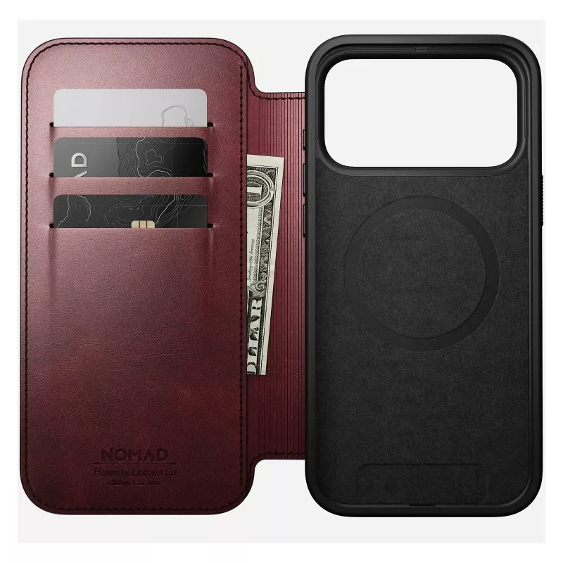 Mobiliojo telefono dėklas Nomad Modern Leather Folio, skirtas iPhone 17 Pro Max — oda, TPU, PC, aliuminis, bordo, 16 cm (6,3 colio)