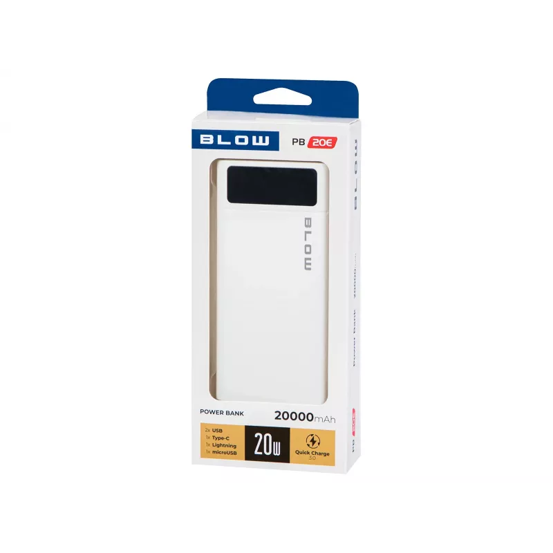 Nešiojamoji išorinė baterija BLOW PB20E 20000mAh QC+PD 20W su USB-C, 2×USB-A, Lightning įvestimi, polimerine baterija