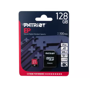 MicroSDXC atminties kortelė PATRIOT 128 GB Class 10 U3 V30, skaitymo greitis 100 MB/s, rašymo greitis 80 MB/s, microSDXC