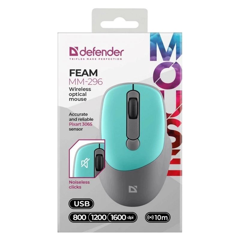 Belaidė pelė DEFENDER Silent Click C Mint 52294 — abiem rankoms tinkama, 1600 DPI, 2,4 GHz nano USB
