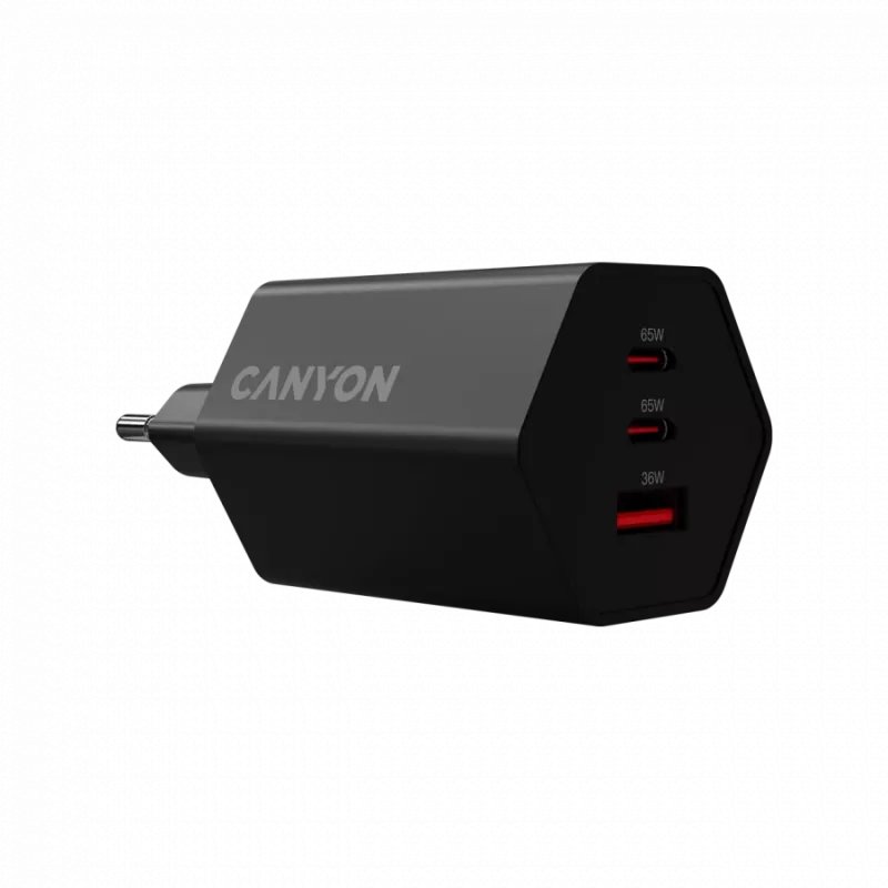 CANYON Įkroviklis HEXAGON 65 GaN 65W 2xPD 1xQC EU Juoda (CND-CHAHEX65B)