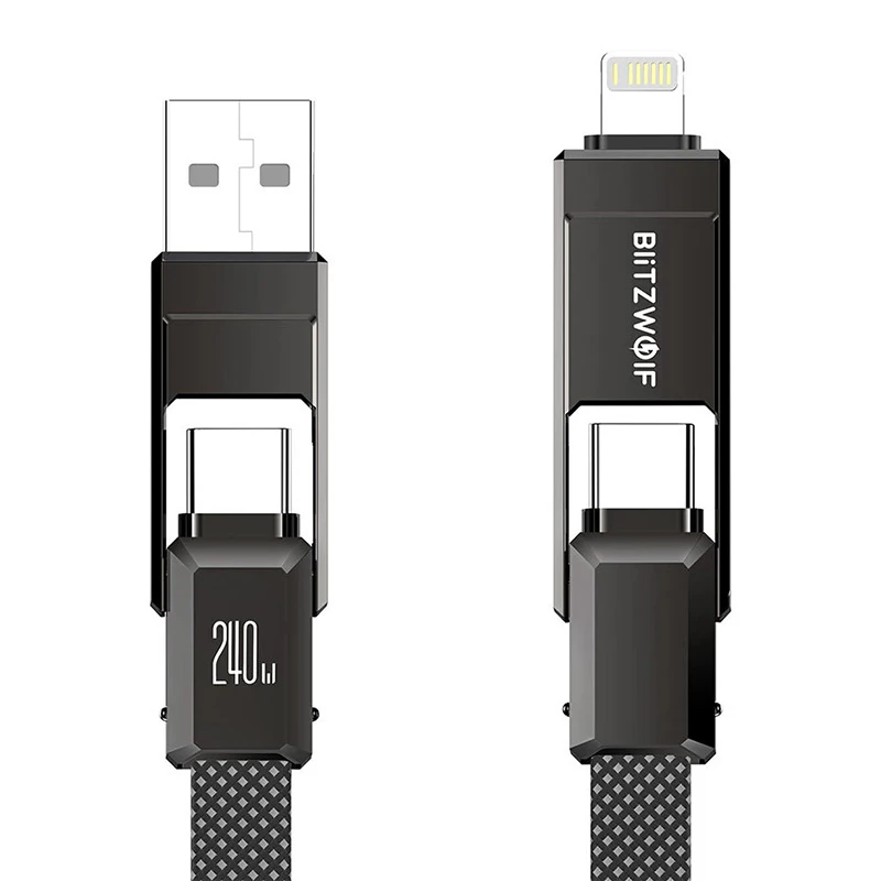 4-in-1 kabelis BlitzWolf BW-HDC7 — USB-C, Lightning, USB-A, Micro-USB 1,2 m 240 W juodas