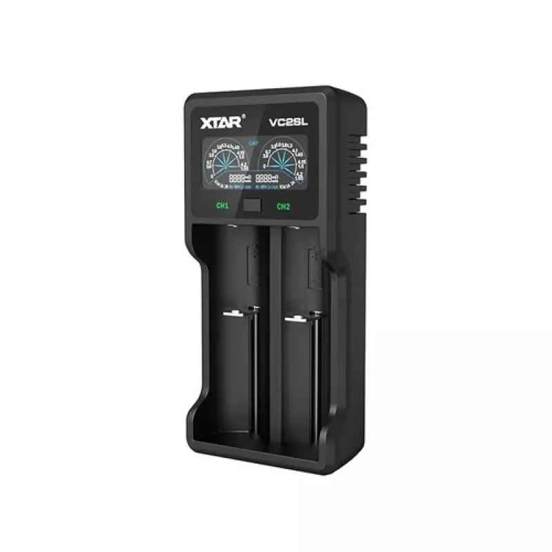 Baterijų įkroviklis XTAR VC2SL — USB 5V 1A, LCD, įkrauna 2 elementus, suderinamas su Li-Ion/NiMH/NiCd, dydžiai A/AA/AAA/AAAA/C/D/SC, juodas