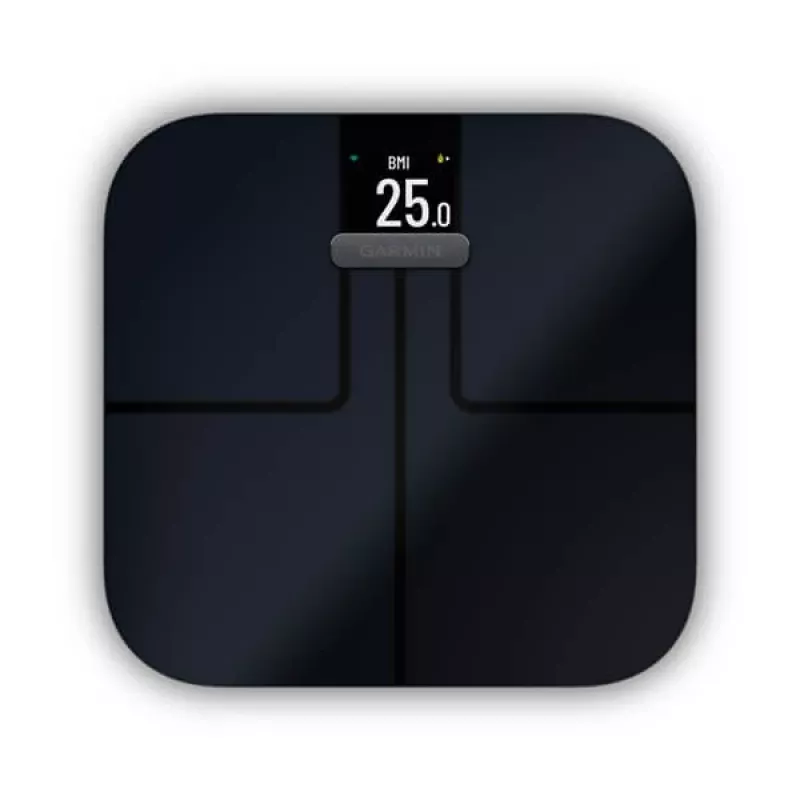 Elektroninės asmeninės svarstyklės GARMIN Index S2 – juodos, maks. 181,4 kg, Wi‑Fi/Bluetooth, kūno sudėties analizė