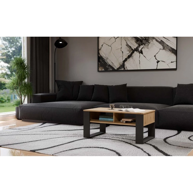 Top e shop Modern kavos staliukas 90×58×50 cm, antracito spalvos rėmas, matinės Artisan ąžuolo lentynos