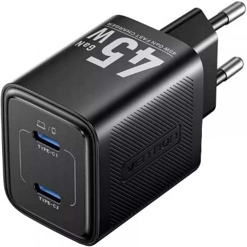 Vention FEFB0-EU 45W patalpų kintamosios srovės greitasis įkroviklis 2× USB-C – išmaniajam telefonui, nešiojamam kompiuteriui, planšetiniam kompiuteriui, išmaniajam laikrodžiui, ausinėms (juodas)