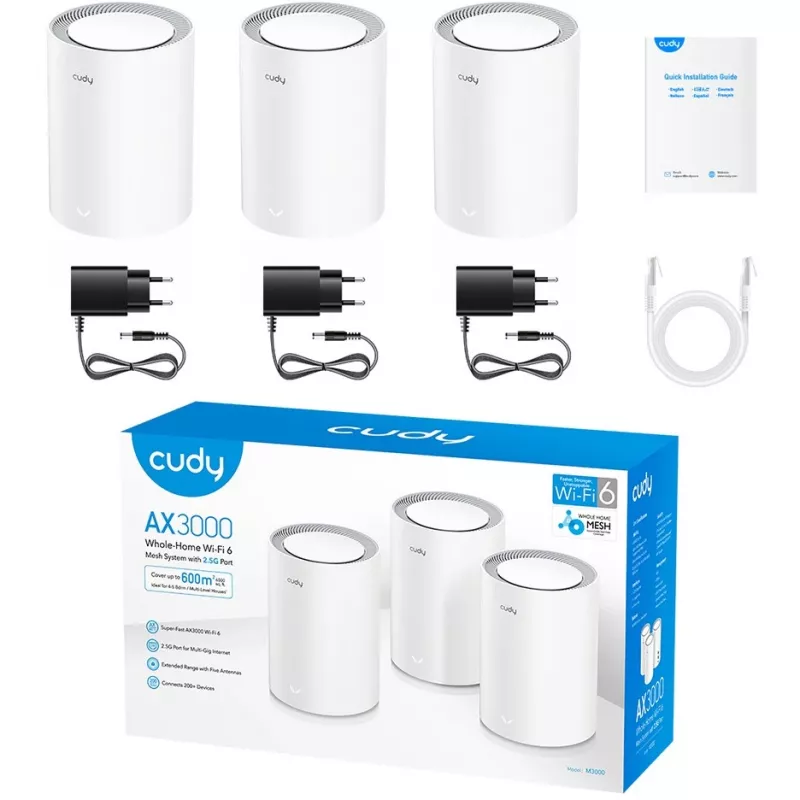 Cudy M3000 3-PACK tinklo Wi-Fi sistema Dviejų juostų (2,4 GHz / 5 GHz) Wi-Fi 6 (802.11ax) Pilka, Balta 1 Vidinė