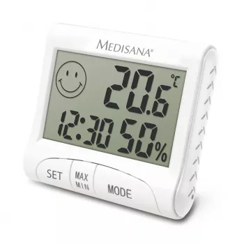 Elektroninis vidaus higrometras Medisana HG 100 — Skaitmeninis termometras, drėgmė 20–90%, temp. -10–50 °C, stalinis ekranas, baterija AAA