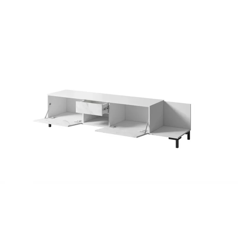 TV spintelė Cama Meble MARMO 2D1S1K, 195x40x47,5 cm, balta matinė/viršus marmuro baltumo
