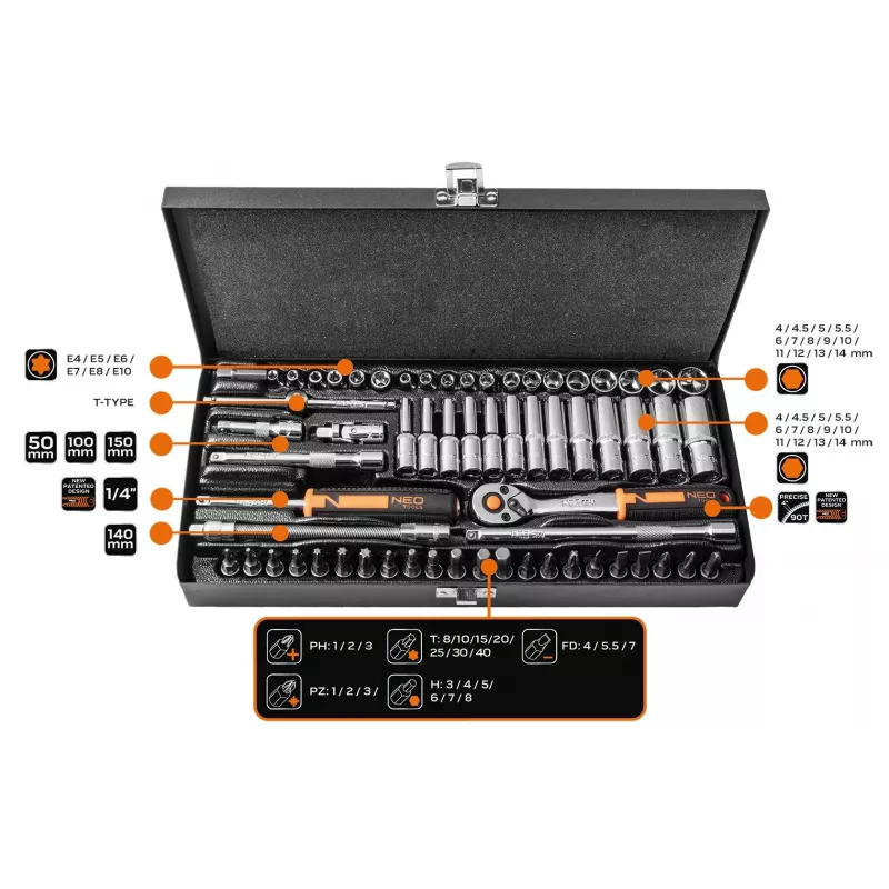 Neo Tools 1/4 colio galvučių komplektas, 63 vnt.