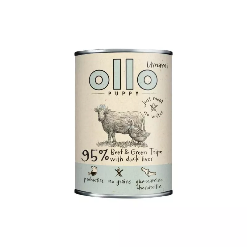 OLLO Puppy Umami jautiena ir žaliasis prieskrandis su anties kepenėlėmis – šlapias šunų maistas – 400 g