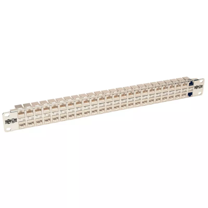 Tripp N254-048-SH-6A 48 prievadų 1 HE stelažinis montavimas ekranuotas Cat6a STP Feed-Through skirstomasis skydas - RJ45 Ethernet - TAA - 10 Gigabit Ethernet - RJ-45 - Cat6a - sidabrinis - baltas - stelažinis