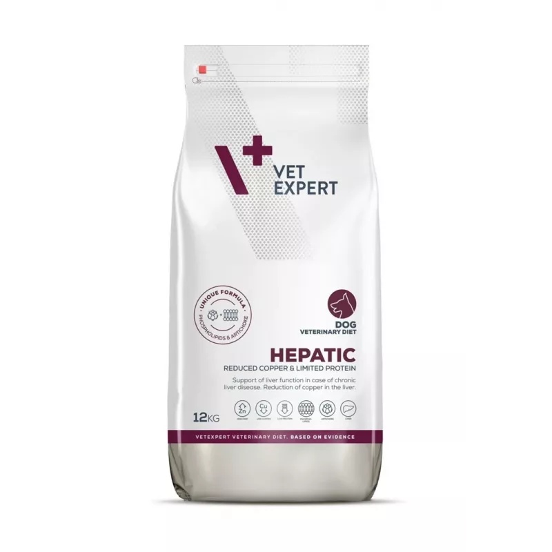 Sausas šunų maistas VETEXPERT Veterinary Diet Hepatic 12 kg — dietinis maistas kepenų veiklai palaikyti, mėsos skonio, suaugusiems šunims 10–15.9 kg