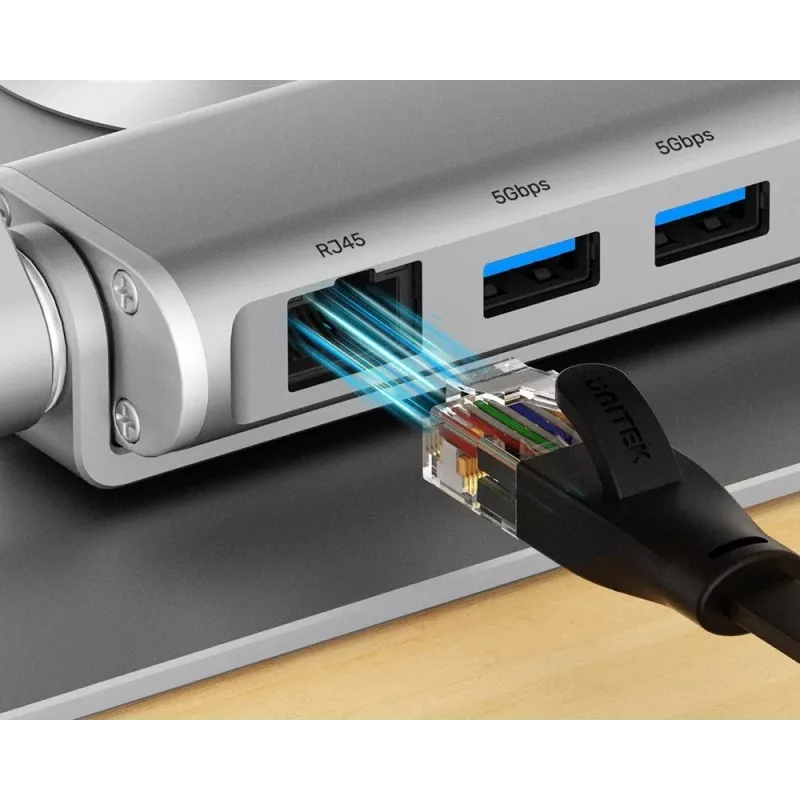 Nešiojamojo kompiuterio stovas Unitek D1109B01 — aliuminis reguliuojamas stovas su nuimamu USB‑C HDMI 4K PD 100W moduliu, iki 17 colių