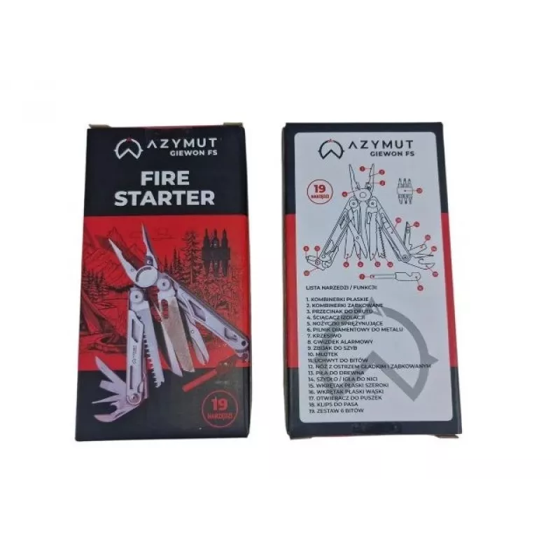 Daugiafunkcis įrankis AZYMUT Giewon FS Fire Starter – su 19 įrankių, titnaginiu skeltuvu, švilpuku, diržo dėklu (H2038A)