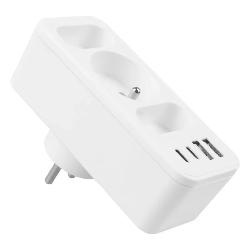 Maitinimo skirstytuvas MACLEAN MCE248 F/W — 3 kintamosios srovės lizdai (1×16A, 2×6A) + 4×USB (2×A, 2×C PD 20W), EU kištukas, baltas