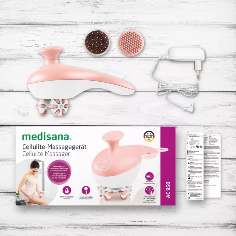 Rankinis riedėjimo masažuoklis Medisana AC 950 — belaidis Li‑Ion, 2 galios lygiai, ergonomiškos rankenos, 381 g, rožinis auksas/baltas
