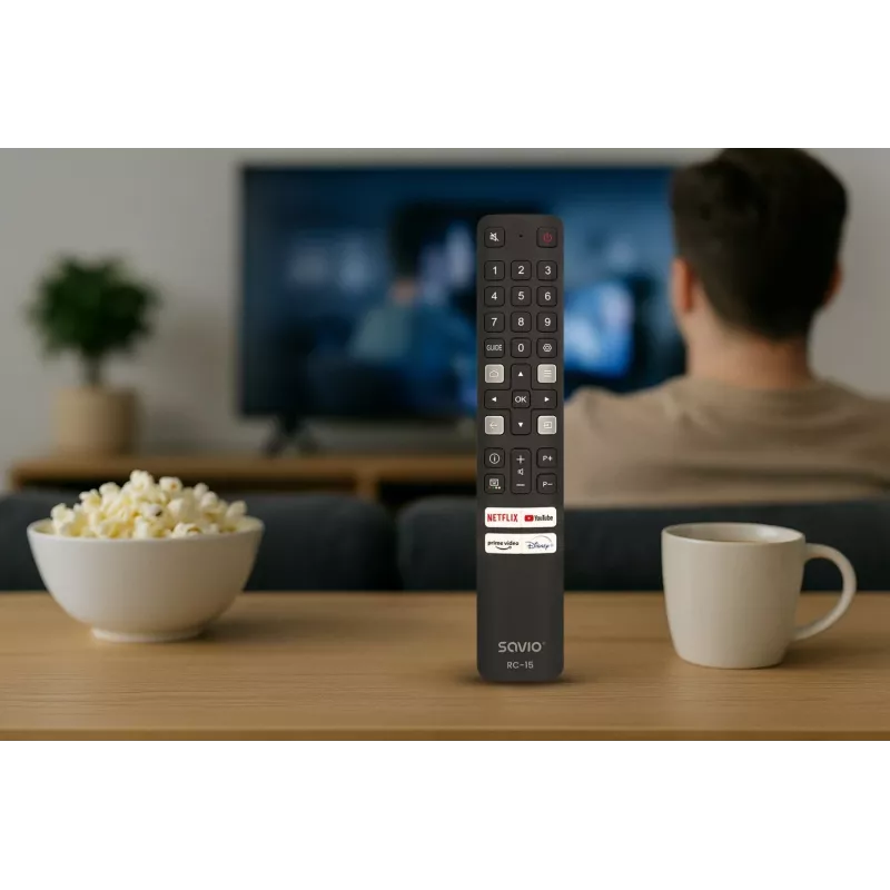 SAVIO universalus televizoriaus nuotolinio valdymo pultas RC-15, skirtas TCL SMART TV, IR belaidis, juodas, veikimo nuotolis 10 m