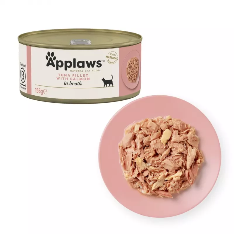 Šlapias kačių ėdalas Applaws Tuno filė su lašiša sultinyje — pakuotė 156 g, 15% baltymų, 80% drėgmės