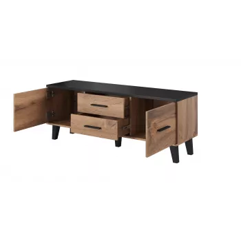 TV staliukas Cama Meble LOTTA 140 cm — wotan ąžuolo rėmas, juoda medžio drožlių plokštės viršus, 1400×400×530 mm