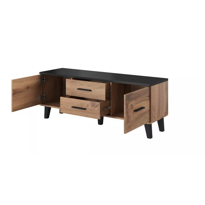 TV staliukas Cama Meble LOTTA 140 cm — wotan ąžuolo rėmas, juoda medžio drožlių plokštės viršus, 1400×400×530 mm