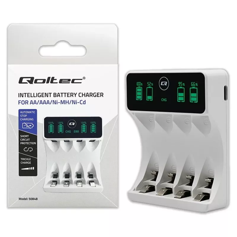 Baterijų įkroviklis QOLTEC 50848, skirtas NiMH AAA (R03) ir AA (R6) elementams, su LCD ekranu