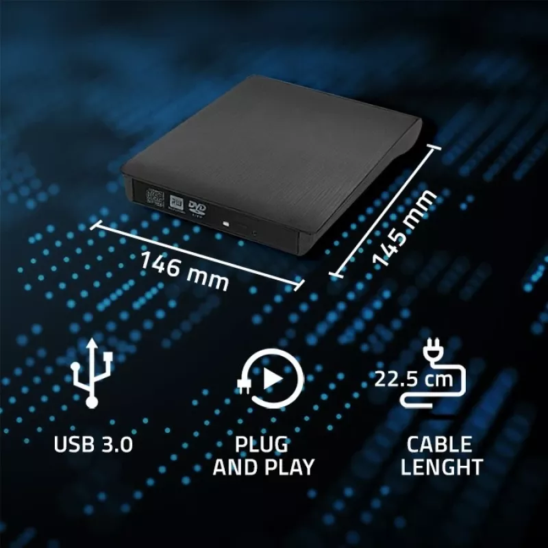 Išorinis DVD‑RW įrenginys QOLTEC 51857 — USB 3.0, SATA sąsaja, DVD±R 8x, DVD±RW 4x, DVD‑RAM 5x, CD 24x, juodas