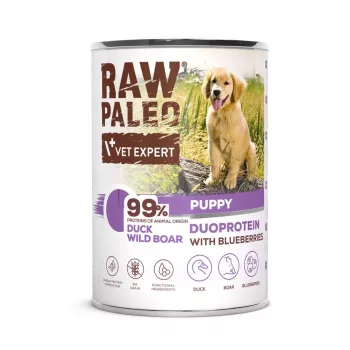 Šlapias šunų maistas VETEXPERT RAW PALEO Duoprotein Duck & Boar Puppy 400 g, be glitimo ir sojos, 78 % drėgmės