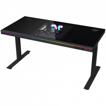 Dviejų variklių sėdimojo/stovimojo reguliuojamo aukščio žaidimų stalas su įmontuotu kompiuterio korpusu, belaidžiu įkrovikliu, RGB apšvietimu, valdymo skydeliu ir USB prievadais, grūdinto stiklo stalviršis, juodas.