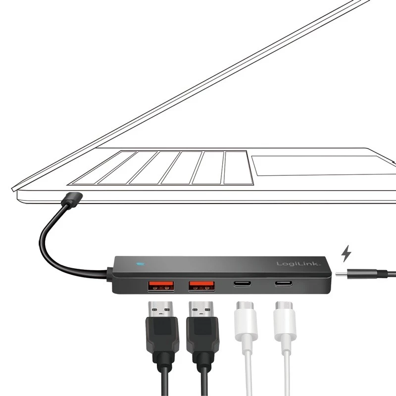 Hub USB-C, 4-porty 2x USB-A,2xUSB-C, Juoda