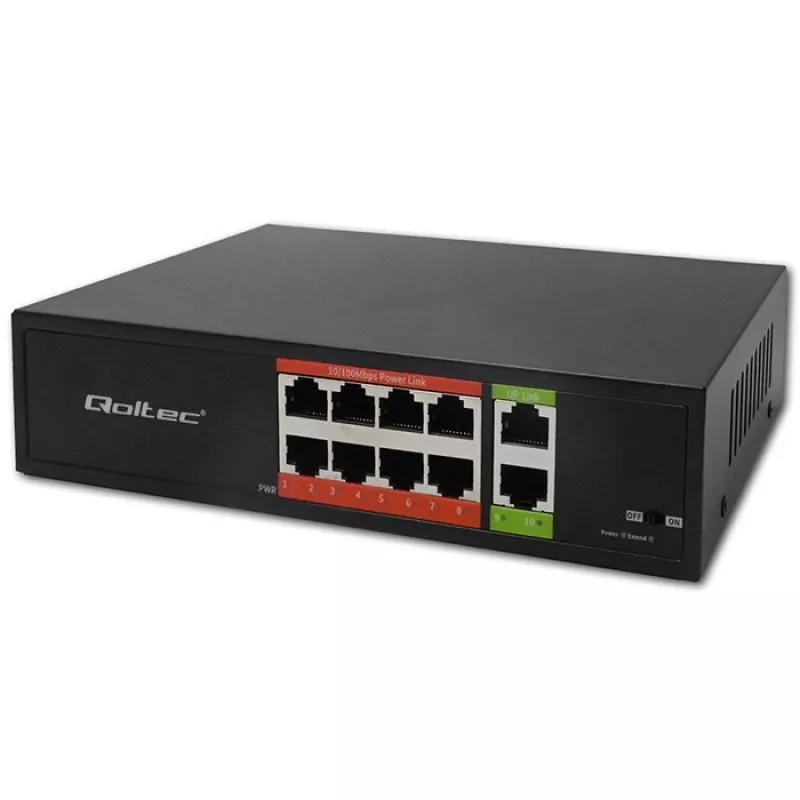Tinklo komutatorius QOLTEC FAST Ethernet PoE 8xRJ45 su 2xRJ45 aukštyninio ryšio prievadais (modelis 52290)