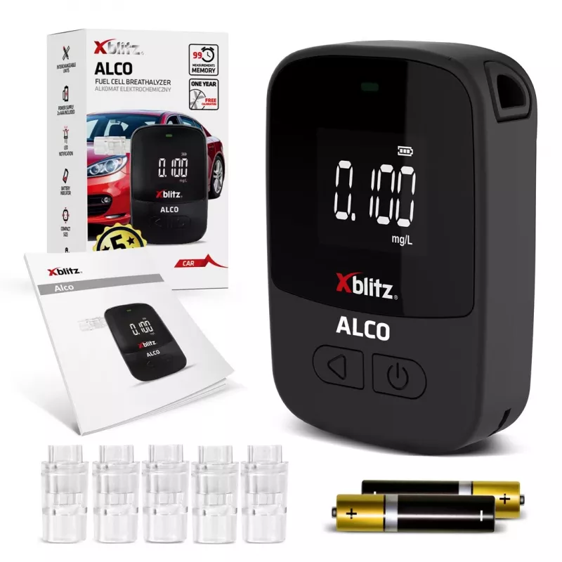 Rankinis elektrocheminis alkotesteris Xblitz ALCO — BAC 0–4%, tikslumas 0,05%, LCD, 5 kandikliai, 2×1,5 V baterijos
