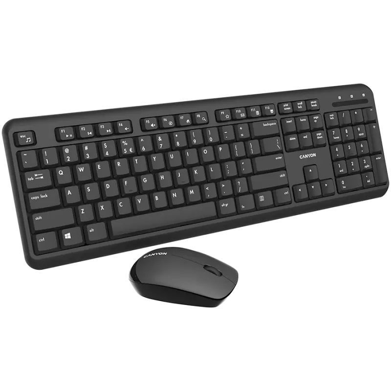 Belaidės klaviatūros ir pelės rinkinys CANYON CNS-HSETW02-UK/US Juoda Velvet — kompaktiškas belaidis rinkinys su USB imtuvu