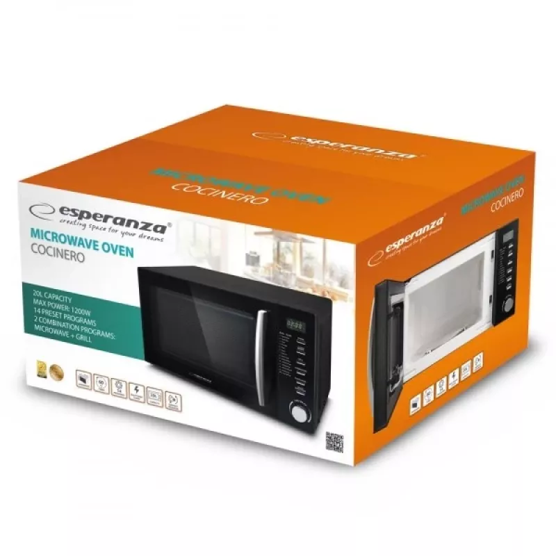 Kombinuota mikrobangų krosnelė ESPERANZA COCINERO 1200 W, 20 l, grilis 900 W, LED ekranas, stalviršinė, juoda