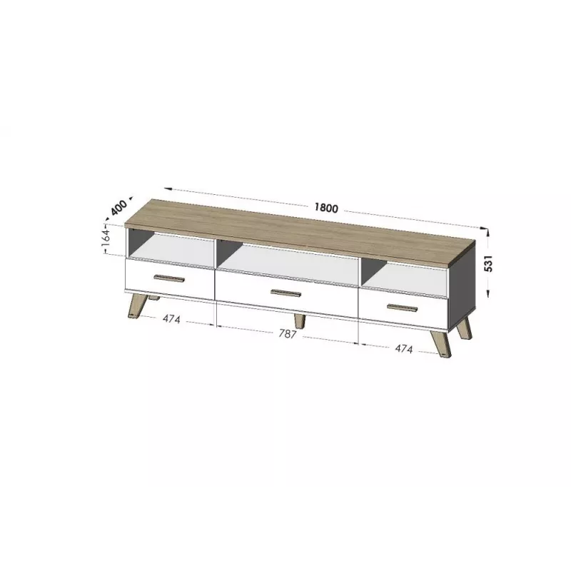 TV stovas Cama Meble LOTTA 180 cm — Wotan ąžuolo rėmas, matinio juodo viršaus plokštė, 1800×400×530 mm