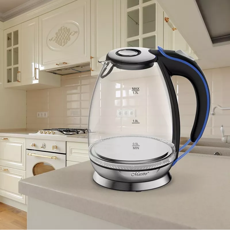 Elektrinis virdulys Maestro MR-054 1,7 L 2200 W stiklo korpusas, mėlynas apšvietimas, paslėptas kaitinimo elementas