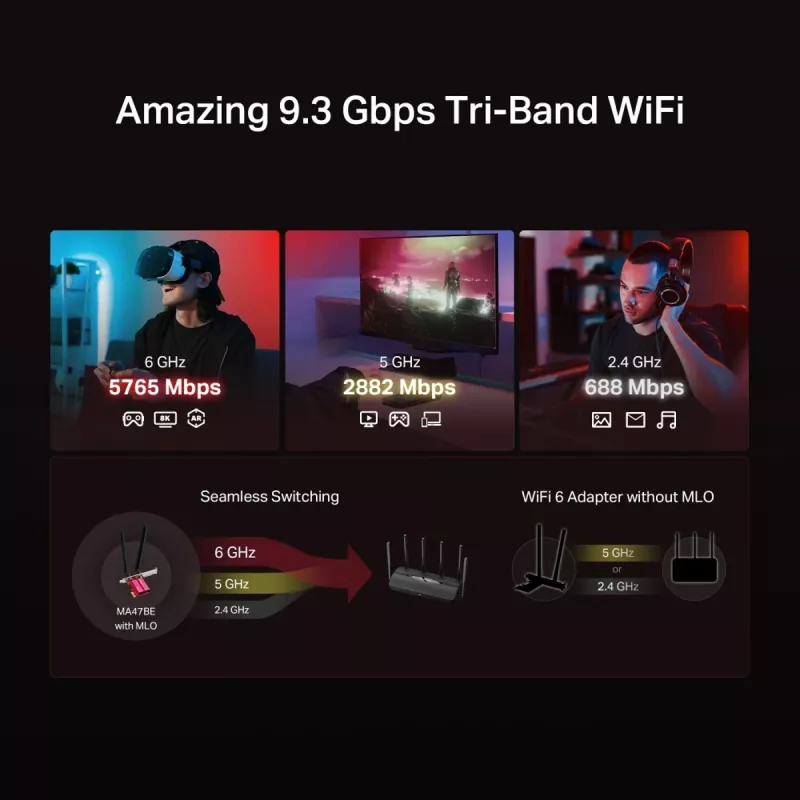 PCIe trijų dažnių WiFi 7 adapteris MERCUSYS MA47BE — sparčiajuostis belaidis ryšys