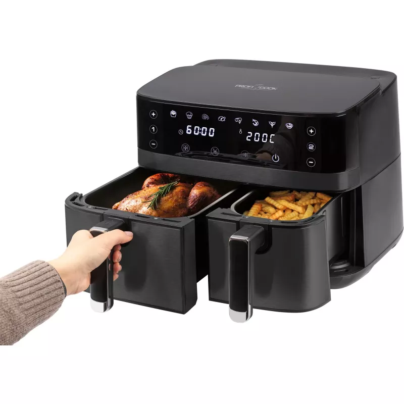 Dviguba karšto oro gruzdintuvė ProfiCook PCFR1295H — 2 talpyklos (5,5 l + 3,5 l), bendra 9,0 l talpa, 2700 W, nerūdijančio plieno priekis