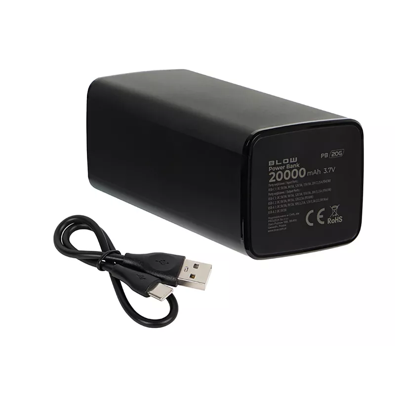 Nešiojama išorinė baterija BLOW PB20G 20000 mAh PD 65 W, USB-C įvestis / išvestis, 2 × USB-A išvestys, juoda
