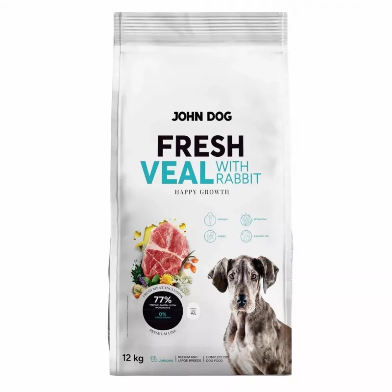 Sausas šunų maistas john dog Junior Fresh Veal with Rabbit 12 kg — šuniukų mišinys