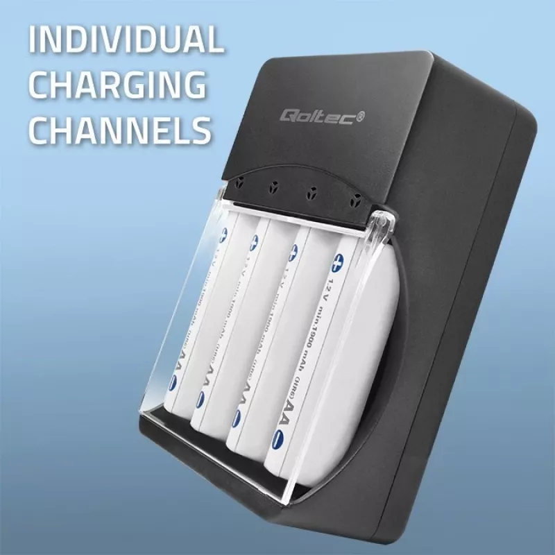 Baterijų įkroviklis QOLTEC 50653 Ni‑MH AAA (R03) ir AA (R6) baterijoms, 220–240 V įvestis, 1,2 V išvestis